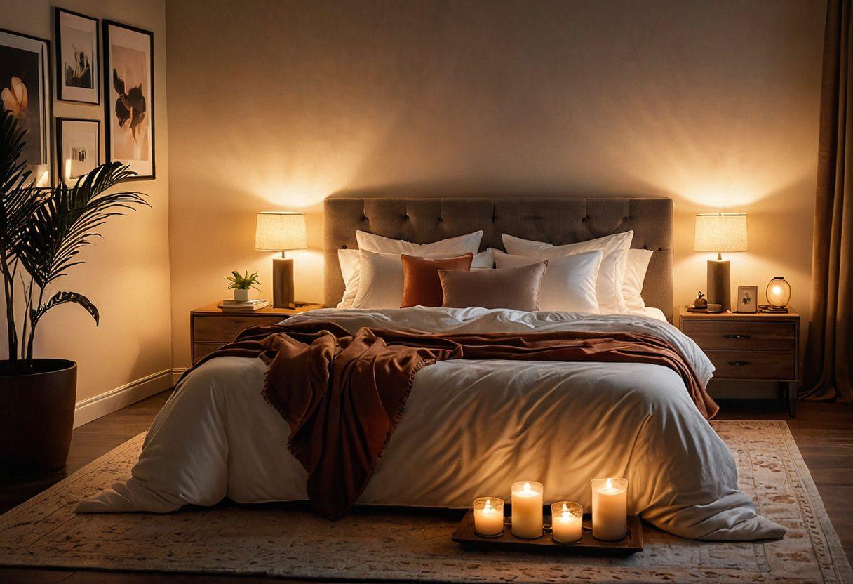 A warm and inviting bedroom scene featuring a couple enjoying a cozy moment together with soft lighting and romantic decor. Include a laptop reflecting the glow of the screen, showcasing a tasteful adult media interface. Surround the scene with elements like candles, plush blankets, and subtle hints of intimacy in the atmosphere. The composition should evoke feelings of comfort, trust, and connection. super-realistic. warm colors. soft focus.