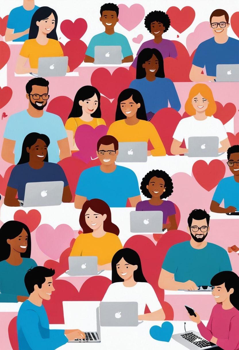 A vibrant, eclectic scene depicting diverse individuals enjoying intimate moments through digital devices like laptops and smartphones. Incorporate playful visuals such as hearts, emojis, and soft glowing lights to convey a sense of connection and joy. Include various digital icons representing adult content, while maintaining an overall atmosphere of warmth and positivity. Bright colors and illustrations of people smiling and engaging with each other screen-to-screen. vector art. vibrant colors. white background.